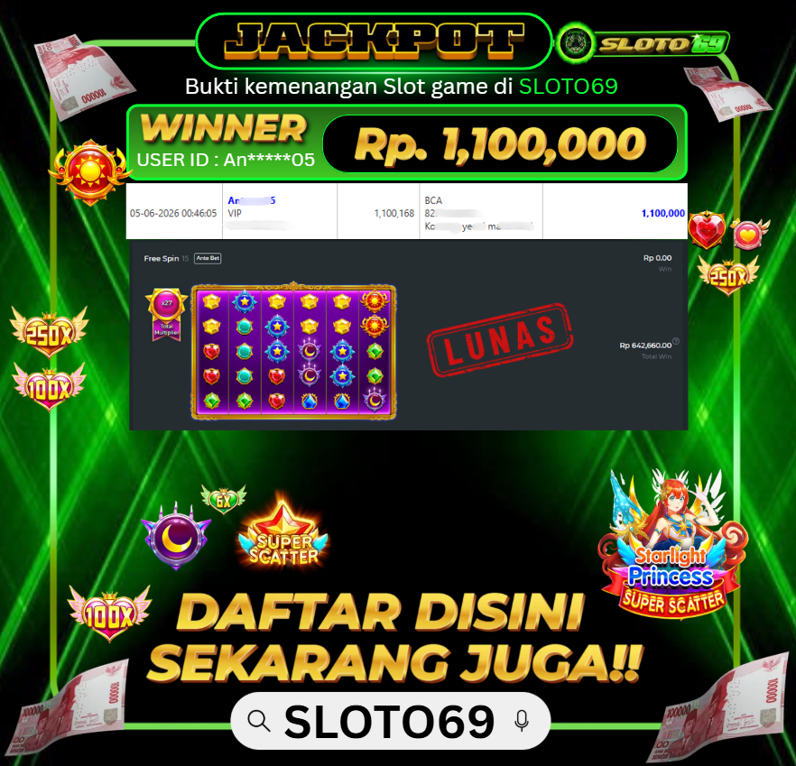 Bukti Jackpot LUNAS SLOTO69: Rp 1.100.000 dari PRAGMATIC PLAY : STARLIGHT PRINCESS SUPER SCATTER