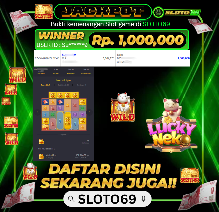 Bukti Jackpot LUNAS SLOTO69: Rp 1.000.000 dari PG SOFT : LUCKY NEKO