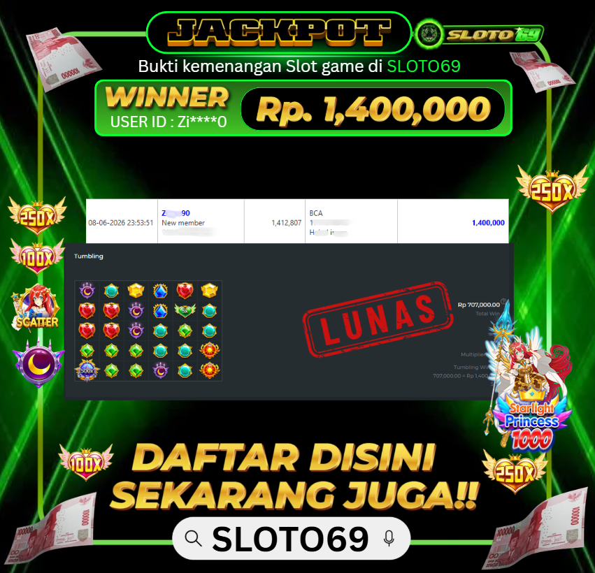 Bukti Jackpot LUNAS SLOTO69: Rp 1.400.000 dari PRAGMATIC PLAY : STARLIGHT PRINCESS 1000