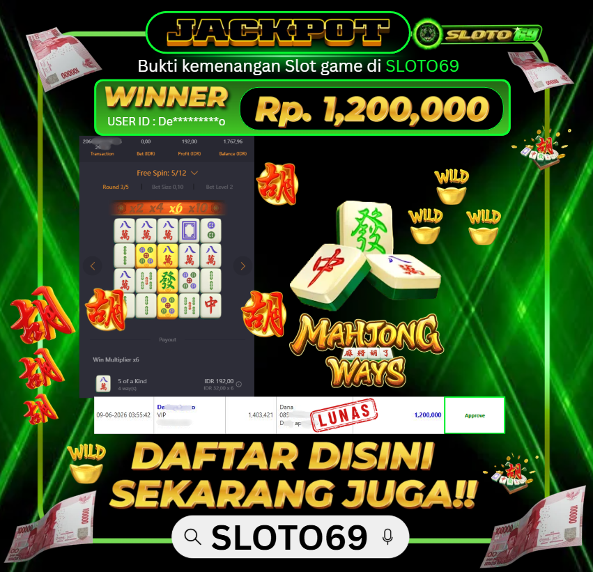 Bukti Jackpot LUNAS SLOTO69: Rp 1.200.000 dari PG SOFT : MAHJONG WAYS