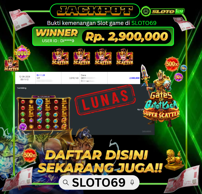 Bukti Jackpot LUNAS SLOTO69: Rp 2.900.000 dari PRAGMATIC PLAY : GATES OF GATOT KACA SUPER SCATTER