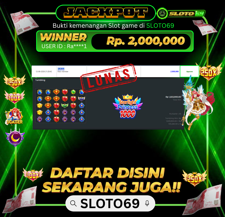 Bukti Jackpot LUNAS SLOTO69: Rp 2.000.000 dari Starlight Princess 1000