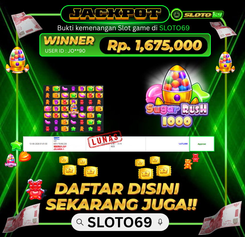 Bukti Jackpot LUNAS SLOTO69: Rp 1.675.000 dari Sugar Rush 1000