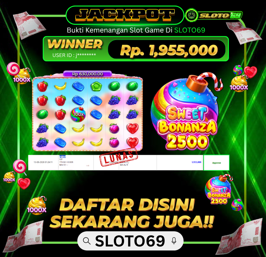 Bukti Jackpot LUNAS SLOTO69: Rp 1.955.000 dari Sweet Bonanza 2500