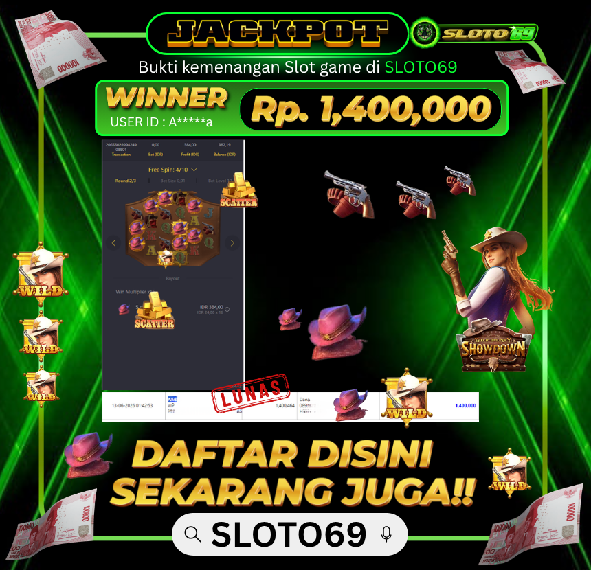 Bukti Jackpot LUNAS SLOTO69: Rp 1.400.000 dari Wild Bounty Showdown