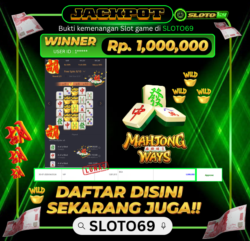 Bukti Jackpot LUNAS SLOTO69: Rp 1.000.000 dari Mahjong Ways