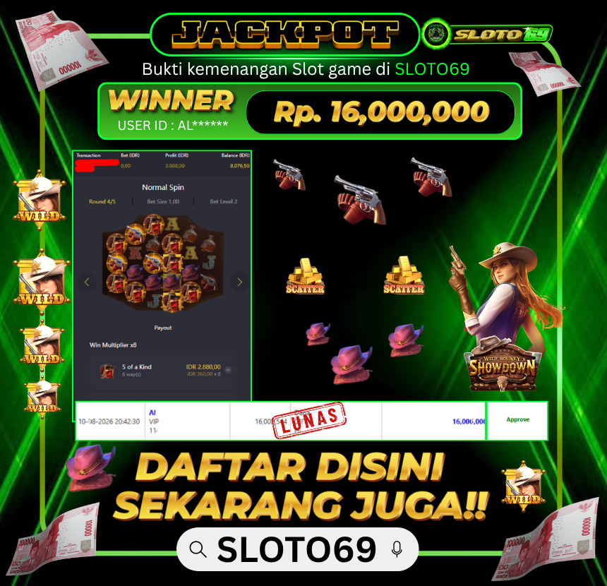 Bukti Jackpot LUNAS SLOTO69: Rp 16.000.000 dari PG SOFT : WILD BOUNTY SHOWDOWN